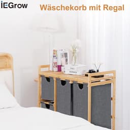 iEGrow Wasmand 3 compartimenten met plank, bamboe wasmand op wielen, 3 x 50 l uittrekbare waszakken, grijze wassorteerder organizer 3 secties wasmand voor slaapkamer badkamer, wasruimte — thumbnail 3