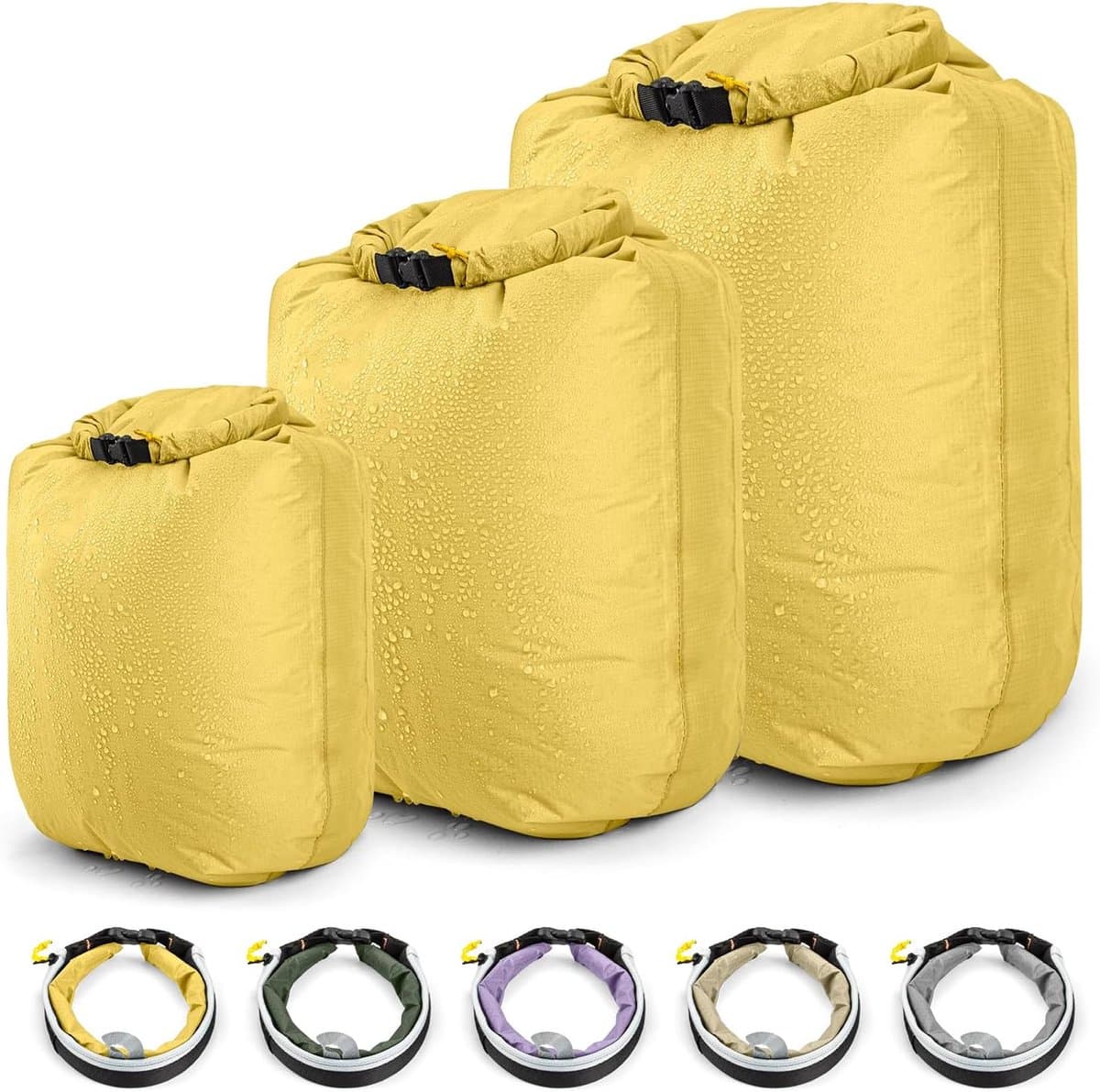 Dry Bag Waterdichte tas, ultralicht, waterdichte opbergzak, 3 stuks, boottochten, droogzak voor boot, kajak, vissen, rafting, zwemmen, kamperen en strand, geel, simple — afbeelding 1
