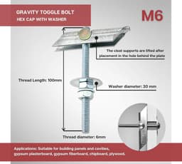 Industrieel | Wing Spring Toggle Ankers M6 | Set van 4 | Stalen Knevelbouten | Toggle Dowel voor het Ophangen van verschillende items zoals lampen | Bevestiging vals plafond, gipsplaten — thumbnail 5