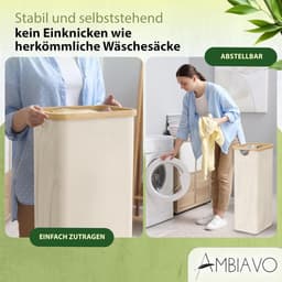 Wasmand 3 vakken met legplank beige 150 l – ruimtebesparend design – 50 l per vak – stabiele bamboeconstructie – legplank – uitneembare, wasbare waszakken — thumbnail 3