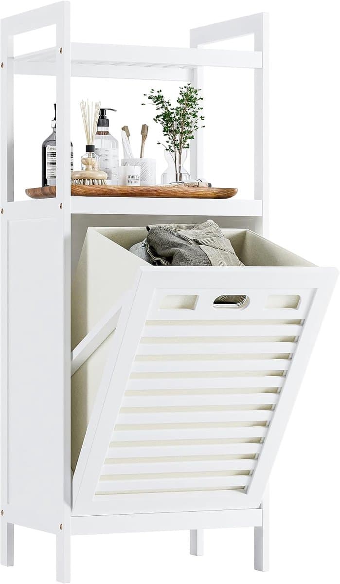 wasmandkast met verwijderbare mand en twee open planken, ruimtebesparende badkamerkast van bamboe, geschikt voor kleding, handdoeken en speelgoed, wit — afbeelding 1