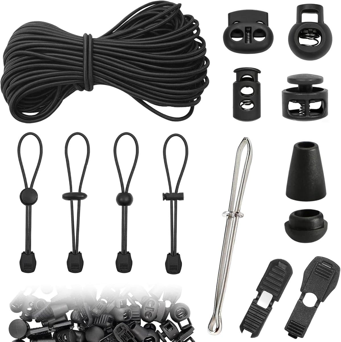 SnelShoppen - Elastisch Rubber Koord 35m 3mm Zwart - Compleet met 50 Koordklemmen, 40 Koordstoppers, Ideaal voor Waslijn, Rugzak, Camping en Creatieve — afbeelding 1