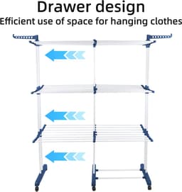 PIPIPOXER- Wasrek Inklapbaar-Droogrek-Staand Droogrek -Uitschuifbare Droogtoren – 3 Verdiepingen – 132 meter Drooglengte- Ruimtebesparend Wasrek -132x49x170 CM- Droogrek op Wielen - blauw en wit — thumbnail 5