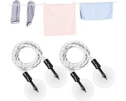 2-pack - Waslijn - Elastische reiswaslijn - Droogtouw - Elastisch ontwerp zonder clips - Inclusief zuignappen en haken - Draagbare waslijn voor thuis, kamperen, hotels en buiten - 1,5 m - Rekbaar tot 2,5 m - Wit