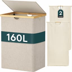 Wasmand met Deksel 160 Liter – Dubbele Wasmand met 2 Vakken – Uitneembare Waszakken – Opvouwbare Wassorteerder met Bamboe Handgrepen – Beige — thumbnail 1