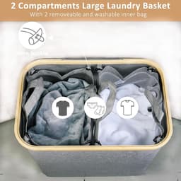 iEGrow Wasmand, 2 compartimenten, 150 liter, grote wasmand met uitneembare en wasbare binnenzakken, met deksel en handvat, voor slaapkamer, wasruimte, badkamer (grijs) — thumbnail 4