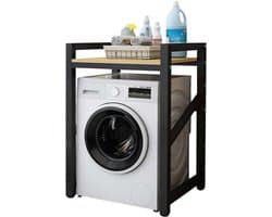 Livista Wasmachinerek - Wasmachine kast - Badkamerrek – Ruimtebesparende Wasmachine Organizer – Stalen Frame – 3 Hoogtestanden – Water-, Kras- en Hittebestendig Werkblad – Antislip Voetjes – 200 kg Draagvermogen - Zwart/Hout