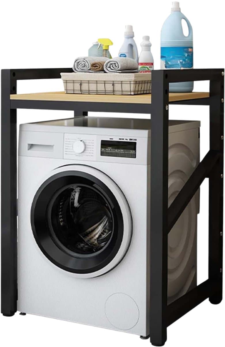 Livista Wasmachinerek - Wasmachine kast - Badkamerrek – Ruimtebesparende Wasmachine Organizer – Stalen Frame – 3 Hoogtestanden – Water-, Kras- en Hittebestendig Werkblad – Antislip Voetjes – 200 kg Draagvermogen - Zwart/Hout — afbeelding 1