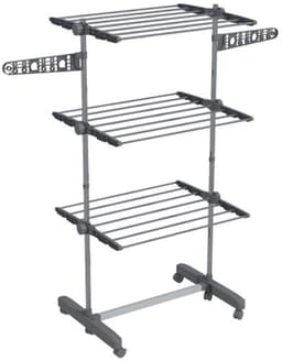 Opvouwbare Wasdroger Toren met Wielen 142x55x152cm Grijs Staal 3 Niveaus Zijvleugels 6 Zwivelwielen met Remmen — thumbnail 2