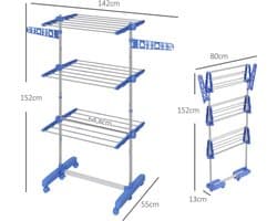 Opvouwbare Wasdroger Toren met Wielen 142x55x152cm Blauw Staal 3 Niveaus Zijvleugels 6 Zwivelwielen met Remmen