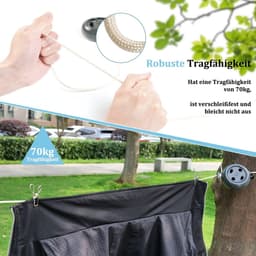 Waslijn uittrekbaar - Zwart - 10 meter - Nylon Drooglijn met Haken en Wasknijpers - Voor Reizen en Outdoor — thumbnail 2