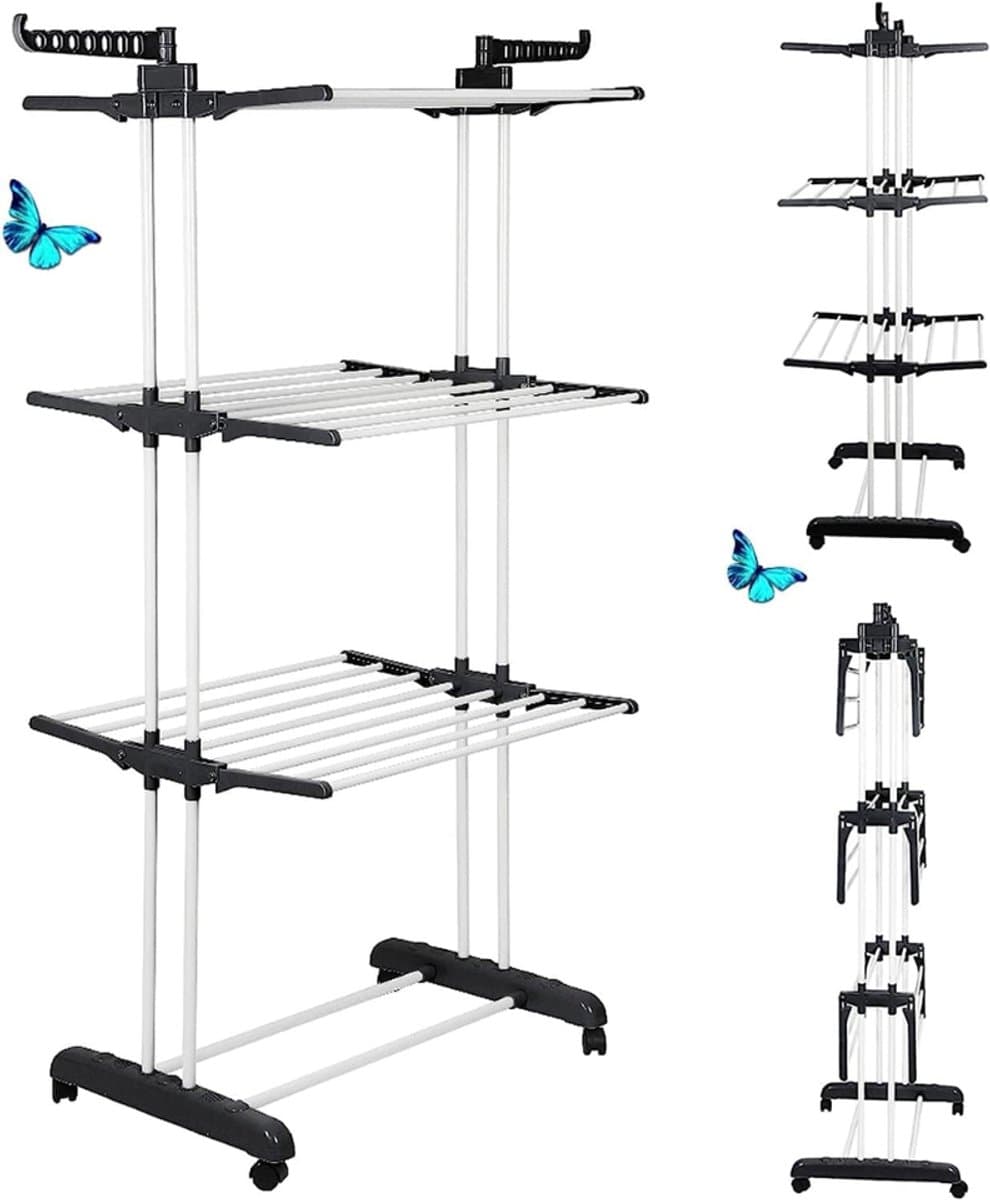 ZRNS® Droogtoren met Wieltjes - Wasrek Staand - Inklapbaar Droogrek - Voor Binnen en Buiten - 3-laags — afbeelding 1