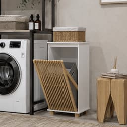 Sello! badkamerkast – badkamermeubel – geïntegreerde wasmand – uitneembare waszak – bamboe deur – wit – 40 × 30 × 80 cm. — thumbnail 4