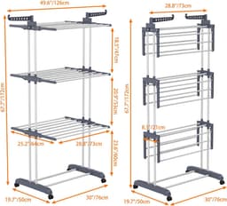 JCP® Droogrek - Gewichtslimiet 30kg - Wasrek - Wasrek Staand - Zwart en Zilver - 76cm x 50cm x 172cm — thumbnail 2