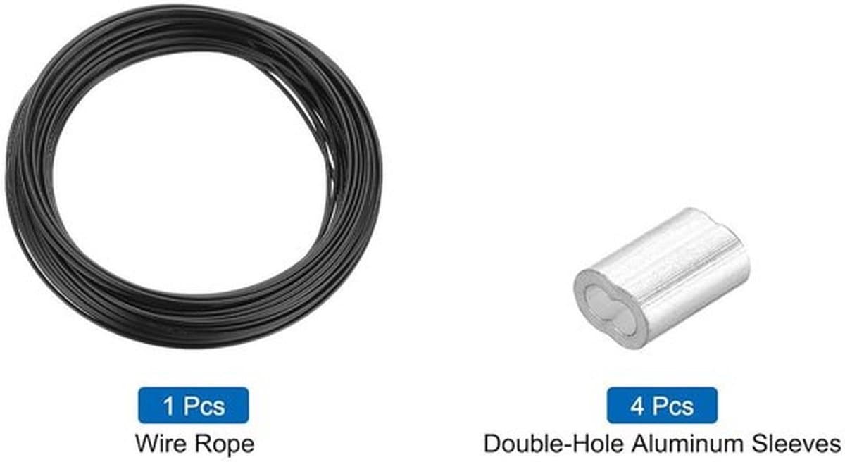 20 meter roestvrijstalen kabel met vinyl coating en aluminium mouwen - voor ophangen droogrek - zwart — afbeelding 1