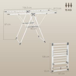 Droogrek Inklapbaar 1,565 M Drooglengte Met 2 Niveaus Verstelbare Vleugels Metaal Wit Voor Kleding En Broeken 15 Kg Draagvermogen — thumbnail 2