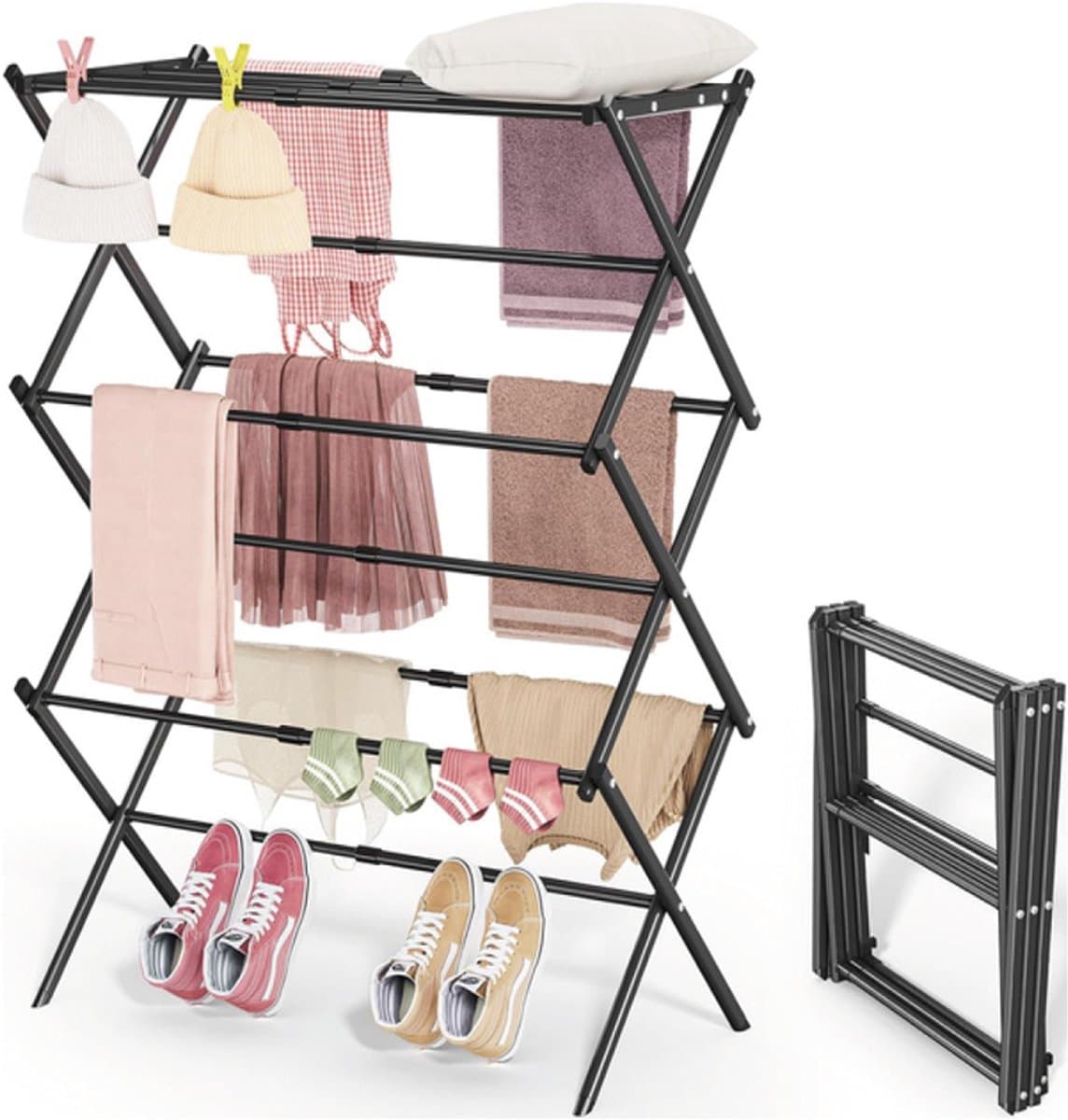 Liverna® Wasrek Inklapbaar - Droogrek Staand - Droogtoren voor Binnen - 8,4m Drooglengte - Compact Opvouwbaar - Zwart — afbeelding 1