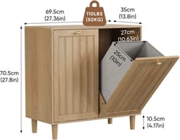 Wasmand voor de badkamer - Schuine wasmand - Verborgen wasmand - Badkameropbergkast - Met uitneembare binnenmand - MDF - 69,5 x 35 x 70,5 cm - Geschikt voor wasruimtes, badkamers en balkons - Lichtbruin — thumbnail 5