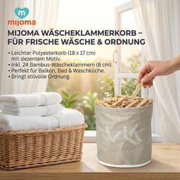 SnelShoppen - MIJOMA Wasknijpermand 18 x 17 cm – 24 bamboe clips – licht polyester stof in beige – voor balkon, badkamer en voorraadkast — thumbnail 4