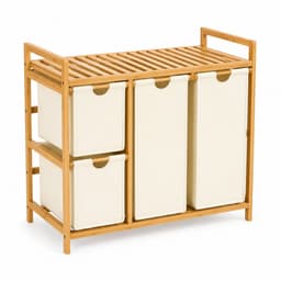 Wasmand en Wassorteerder met 4 Vakken - 150 L - Bamboe Rek met Uittrekbare Waszakken en Legplank - Beige — thumbnail 1