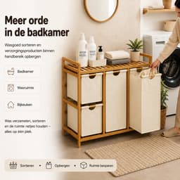 Wasmand en Wassorteerder met 4 Vakken - 150 L - Bamboe Rek met Uittrekbare Waszakken en Legplank - Beige — thumbnail 4