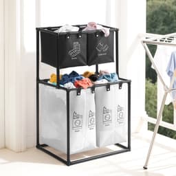 Wasmand 4 Vakken - Wassorteerder - Dubbellaags Wasmanden - met 4 Afneembare Oxford Zakken - Sorteert Donker/Licht/Ondergoed - Stevig Metalen Frame - 57x44x97 cm - Opvouwbaar - Voor Badkamer & Wasruimte - Zwart & Wit — thumbnail 3
