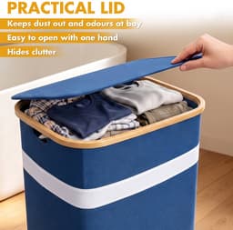 Soontrans - Wasmand - Wassorteerder met Deksel - 44x34x70cm - Uitneembare Waszakken - Bamboe-lijst - Afneembaar - 102L - Blauw — thumbnail 5