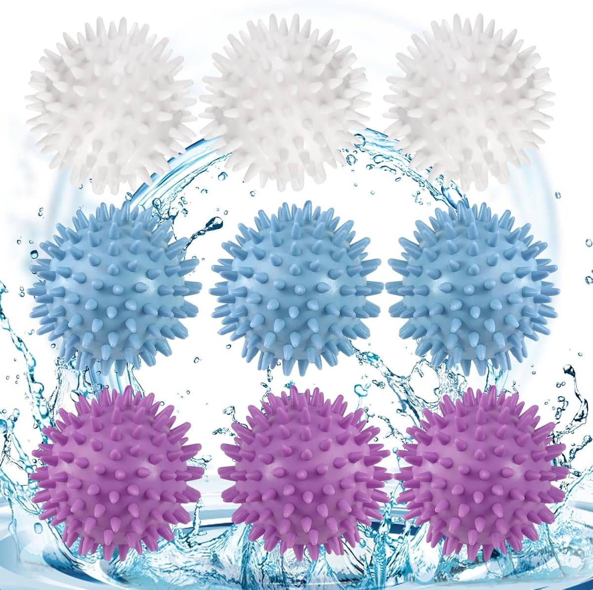 SnelShoppen - 9 Stuks Wasmachine Droger Ballen, Herbruikbare Wasballen voor Donsjacks, Antistatisch, Vermindert Kreukels, 6 cm, Blauw, Wit, Paars — afbeelding 1