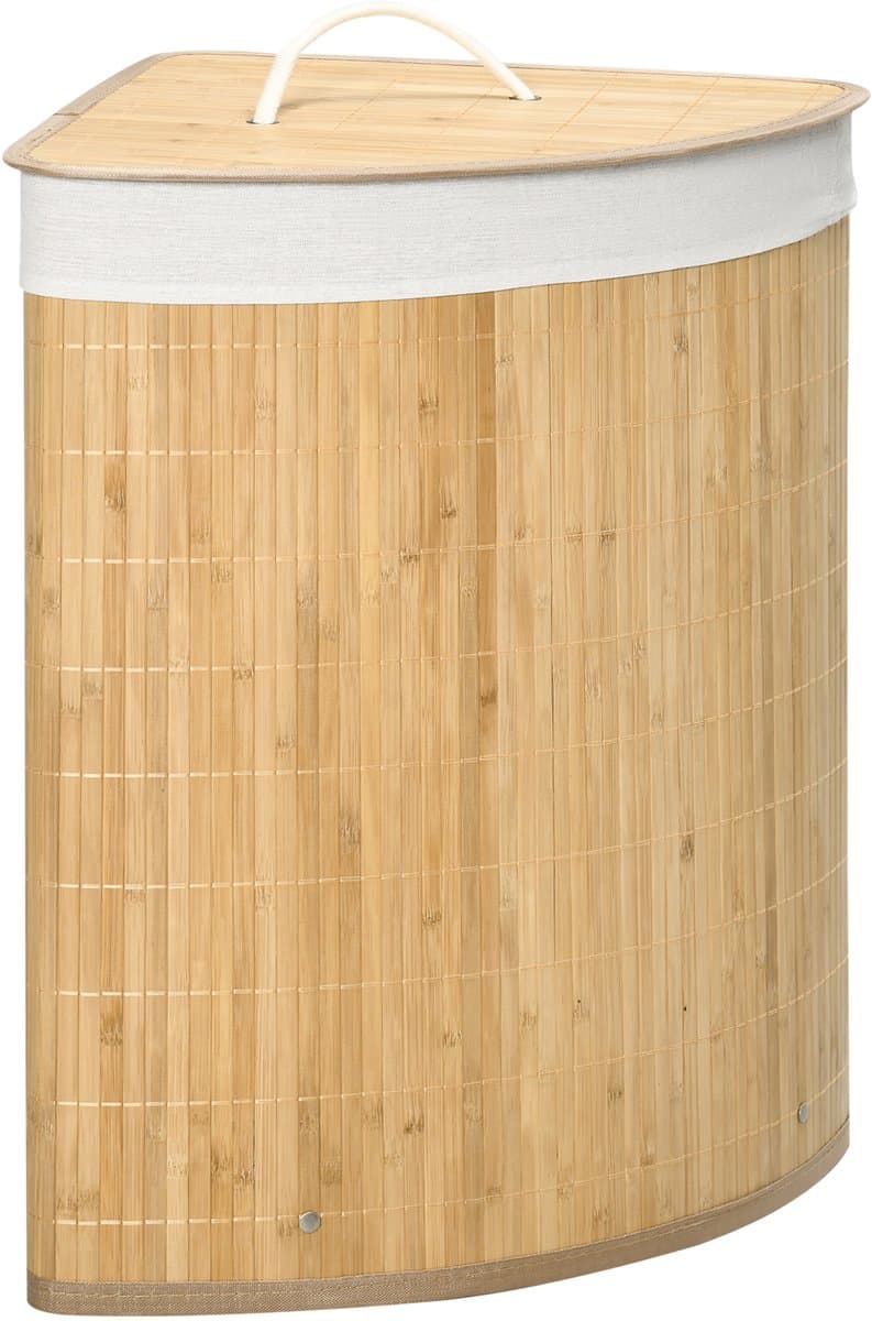 Clruro Waskorf - 38 x 38 x 57 cm - Hoek Waskorf met Deksel - 55L - Verwijderbare Waszak - Bambus - Natuur — afbeelding 1