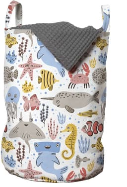 ABAKUHAUS onderwaterwaszak, doodle zeedierenmotief, wasmand met handgrepen, trekkoordje voor wasserettes, witte meerkleurige wasmand — thumbnail 4