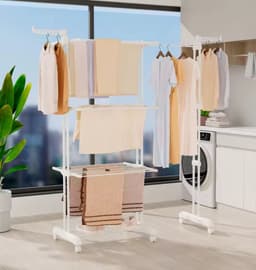 XXL Wasrek Verrijdbaar - Droogrek Inklapbaar - 3 Lagen - Met 360° Draaibare Kleerhangerhouders - Uitschuifbaar tot 200cm - Wit — thumbnail 1