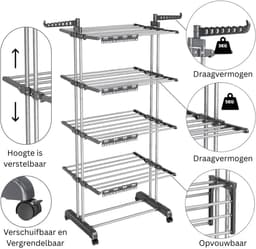White-Label® Wasrek Inklapbaar op Wieltjes - Droogmolen - Droogtoren Staand — thumbnail 1
