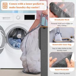 Wasmand met deksel - 70 Liter | Smalle Opvouwbare Wasbox met Bamboe Handvat | Ideaal voor Badkamer en Bijkeuken — thumbnail 3