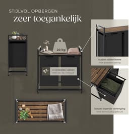 tectake® Wassorteerder - Wasmand met 2 vakken en deksel - Industriële stijl - Uittrekbare vakken - In hoogte verstelbare kunststof voetjes - Wasbox - Waskorf - 34x74x72cm — thumbnail 4