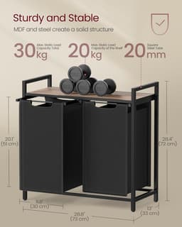 Dubbele industriële Wasmand – 2-delig Was Sorteerder met uitneembare Zakken en Plank – Metalen Frame – Camelbruin/Zwart — thumbnail 2