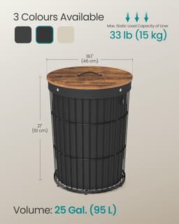 SONGMICS - Wasmand met deksel - ronde - 95 liter - hoogte 61 cm - zwart — thumbnail 2