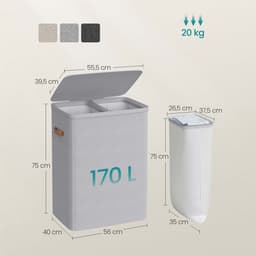 Waskorf, vuilewasmand, wasverzamelaar met deksel, handvat en 2 afneembare zakken. Inhoud tot 170 liter. Modern en minimalistisch stijlvol ontwerp. 56 x 40 x 75 cm, grijs. — thumbnail 2