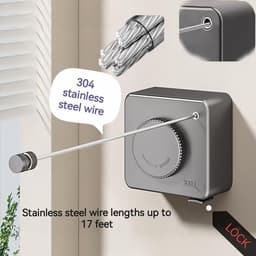 Set van 1 stuk - Intrekbare waslijn - Waslijn voor aan de muur - Onzichtbare intrekbare waslijn - Waslijn zonder gaten - Waslijn van verdikt roestvrij staaldraad - Waslijn van 4,8 m - Geschikt voor binnen- en buitengebruik (grijs) — thumbnail 4