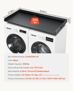 Wasmachine- en drogerblad - Opzetplank 137 x 70 x 6,9 cm - Waterbestendig - Antislip pads - Houten blad - Extra opbergruimte - Zwart — thumbnail 2
