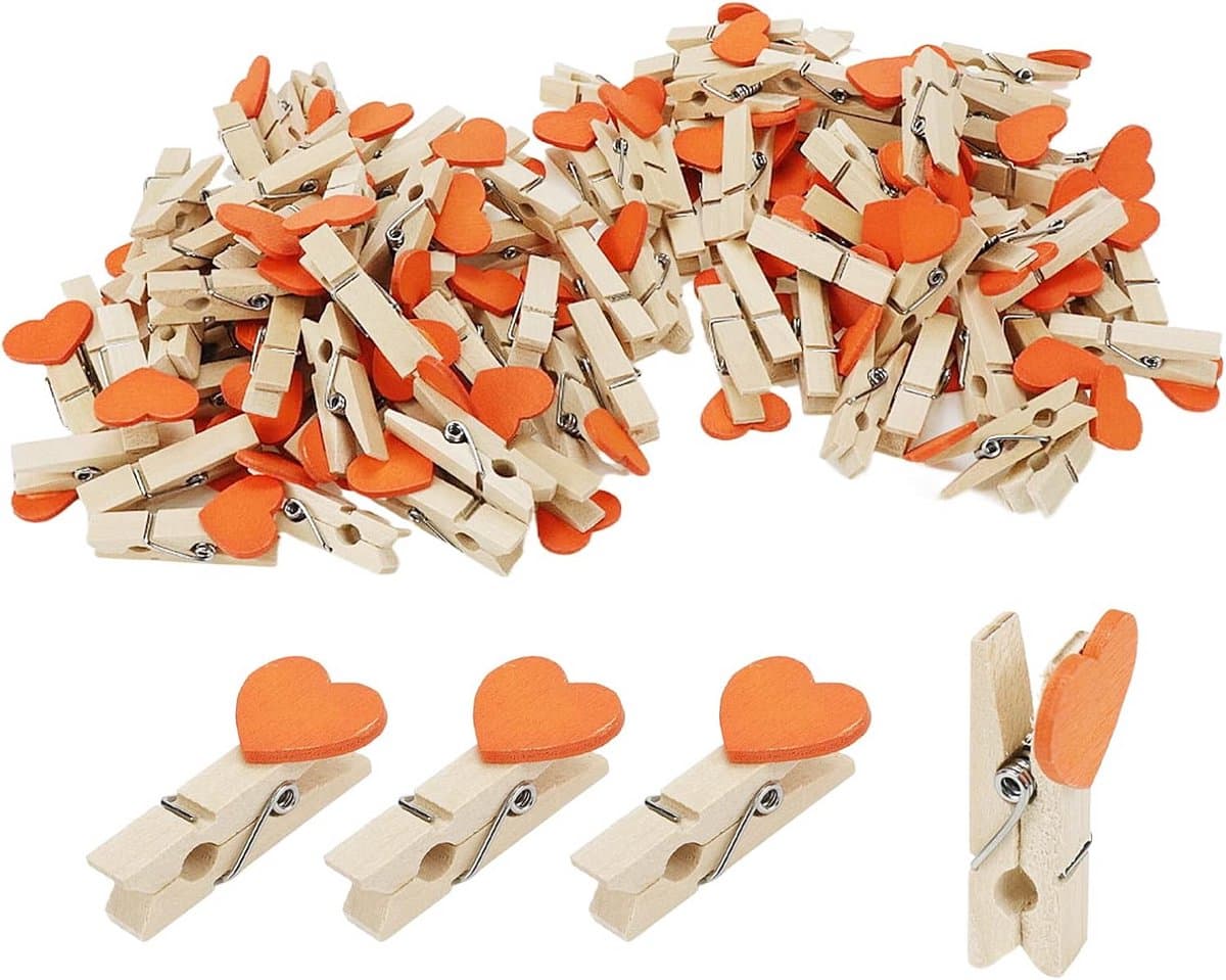 100 Stuks Roze Houten Klemmetjes Hartvormig voor Knutselen en Decoratie — afbeelding 1