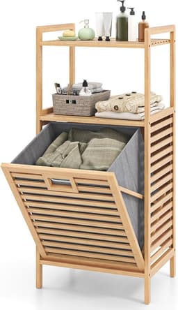 Wasmand met 2 planken van bamboe – Ruimtebesparende en duurzame wasverzamelaar voor badkamer — thumbnail 1