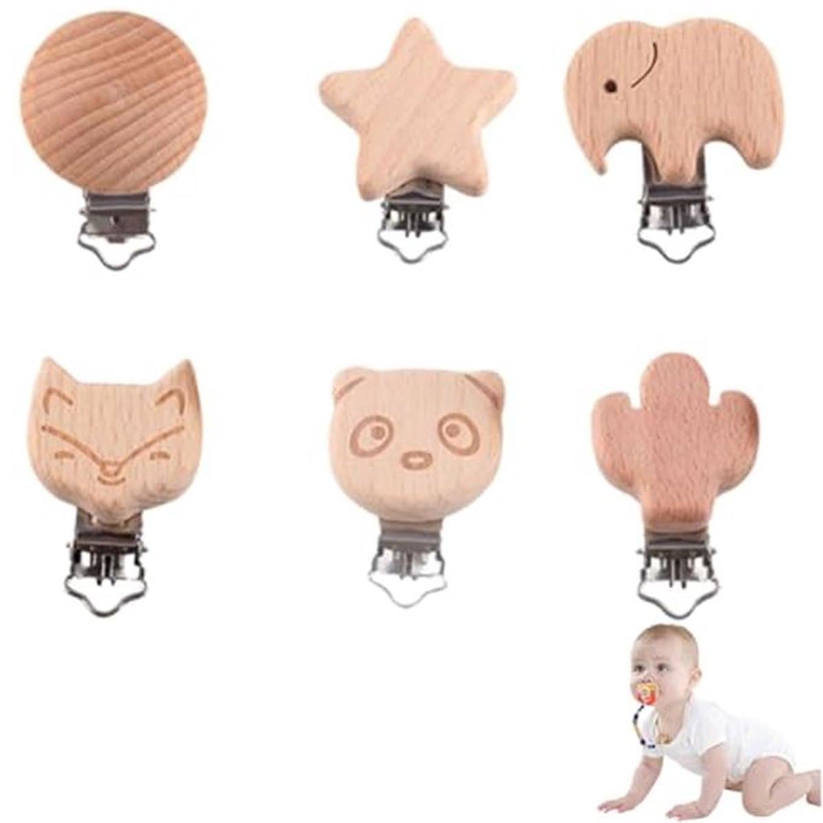 YAPKOLV 6 stuks hoogwaardige beukenhouten klemmen, niet giftig, fopspeenclip, speenclip, babyspeenhanger, natuurlijke houten clip — afbeelding 1
