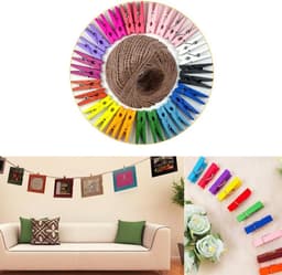 Houten Waslijnklemmen Kleurrijk - 100 Stuks Mini Knijpers met 100m Jute Touw voor Foto's en Decoratie — thumbnail 4