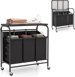 COSTWAY Wasmand met strijkplank, wasverzamelaar met 3 vakken en deksel, wassorteerwagen met wielen, wasbox uittrekbaar voor badkamer, bijkeuken, 80,5 x 41,5 x 87,5 cm — thumbnail 1