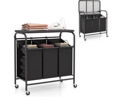 COSTWAY Wasmand met strijkplank, wasverzamelaar met 3 vakken en deksel, wassorteerwagen met wielen, wasbox uittrekbaar voor badkamer, bijkeuken, 80,5 x 41,5 x 87,5 cm