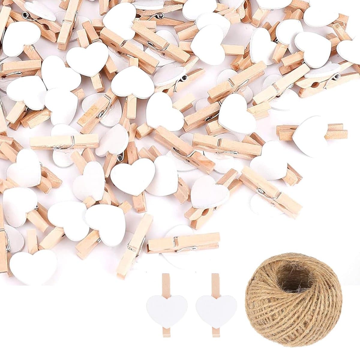 100 Mini Houten Knijpers Hartvorm Wit - Fotohouder & Decoratie met Jute Touw — afbeelding 1