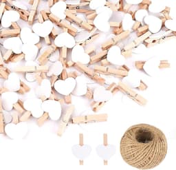 100 Mini Houten Knijpers Hartvorm Wit - Fotohouder & Decoratie met Jute Touw — thumbnail 1