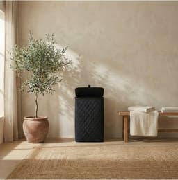 MAZAZU Wasmand met Deksel - Diamond Stitch - 100 Liter - Uitneembare Binnenzak - Bamboe Frame - Zwart - Opvouwbare Wasbox - 44x33x69 cm — thumbnail 2
