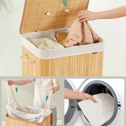 Dubbele compartiment wasmand opvouwbare opbergmand, 50x40x61cm naturel, 120L grote capaciteit, met deksel tegen stof en geurtjes, met afneembare en machinewasbare waszak en handgrepen, geschikt voor badkamer, slaapkamer of wasruimte — thumbnail 5