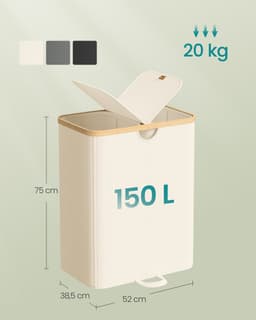 SONGMICS - Wasmand - Wasmand met 2 Vakken - 150 Liter - Uitneembare Waszakken - Met Deksel — thumbnail 2